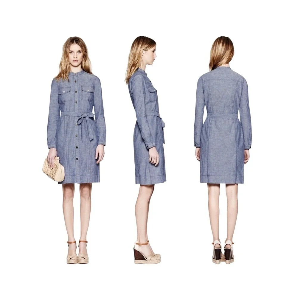 Tory Burch Chambray‎ Shirt Dress Size 2 Blue Belted Military Utility Long Sleeve